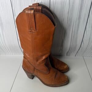 VTG 70s Dexter Brown Leather Stacked Heel Western Boots Size 6 USA Distressed